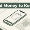 A smartphone displaying a money transfer confirmation with a debit card and Kenya map card on a desk.