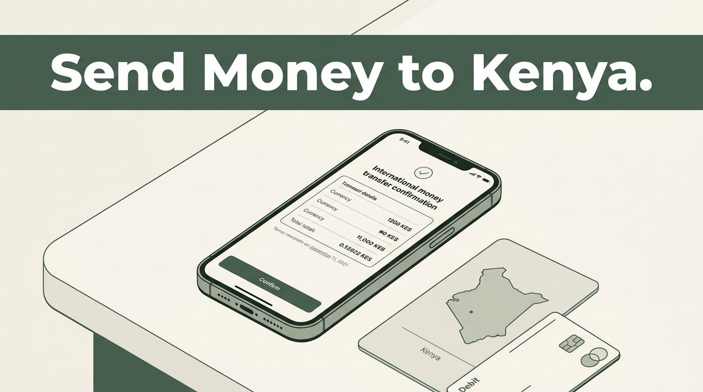 A smartphone displaying a money transfer confirmation with a debit card and Kenya map card on a desk.