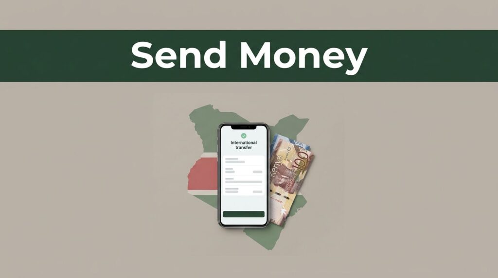 A smartphone showing a transfer confirmation next to Kenyan banknotes on a gray and green surface.