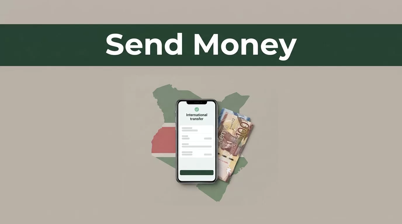 A smartphone showing a transfer confirmation next to Kenyan banknotes on a gray and green surface.