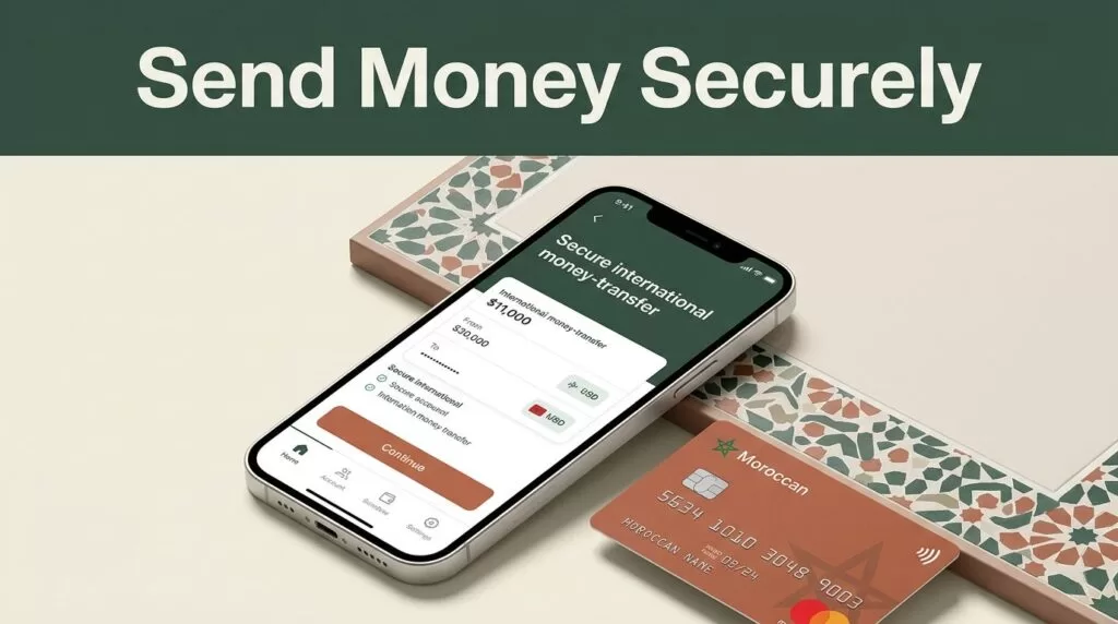 A smartphone showing a secure transfer app next to a bank card on a geometric tile surface.