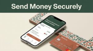 A smartphone showing a secure transfer app next to a bank card on a geometric tile surface.