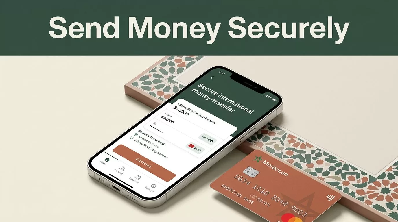 A smartphone showing a secure transfer app next to a bank card on a geometric tile surface.