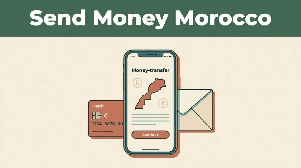 A smartphone displaying a secure money transfer app next to a debit card.