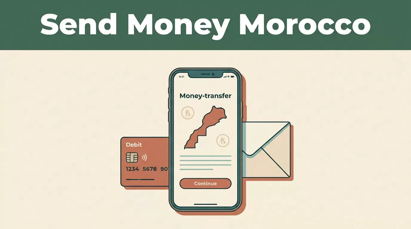 A smartphone displaying a secure money transfer app next to a debit card.