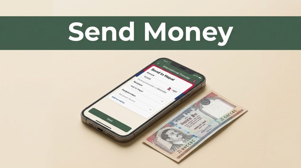 A smartphone showing a money transfer screen beside a Nepalese rupee note.