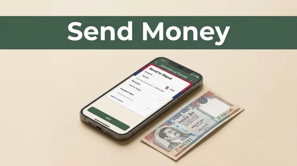 A smartphone showing a money transfer screen beside a Nepalese rupee note.