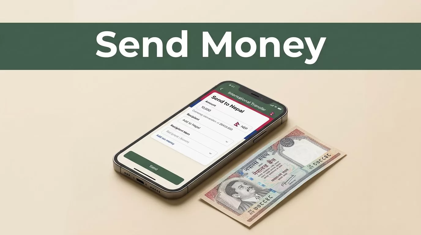 A smartphone showing a money transfer screen beside a Nepalese rupee note.