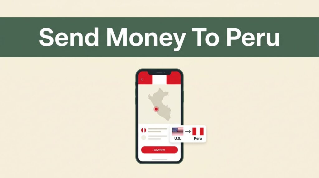A smartphone showing a money transfer app interface on a cream and green background.