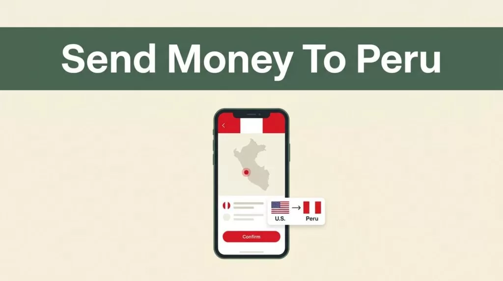 A smartphone showing a money transfer app interface on a cream and green background.