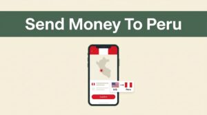 A smartphone showing a money transfer app interface on a cream and green background.