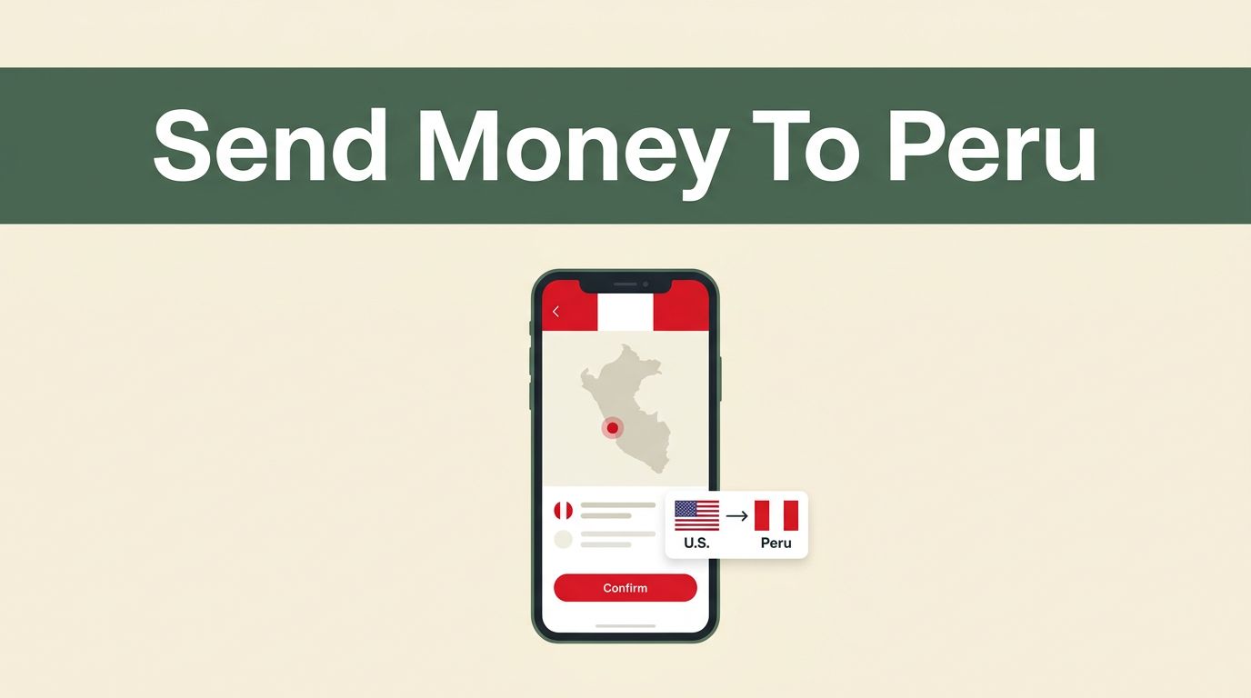 A smartphone showing a money transfer app interface on a cream and green background.