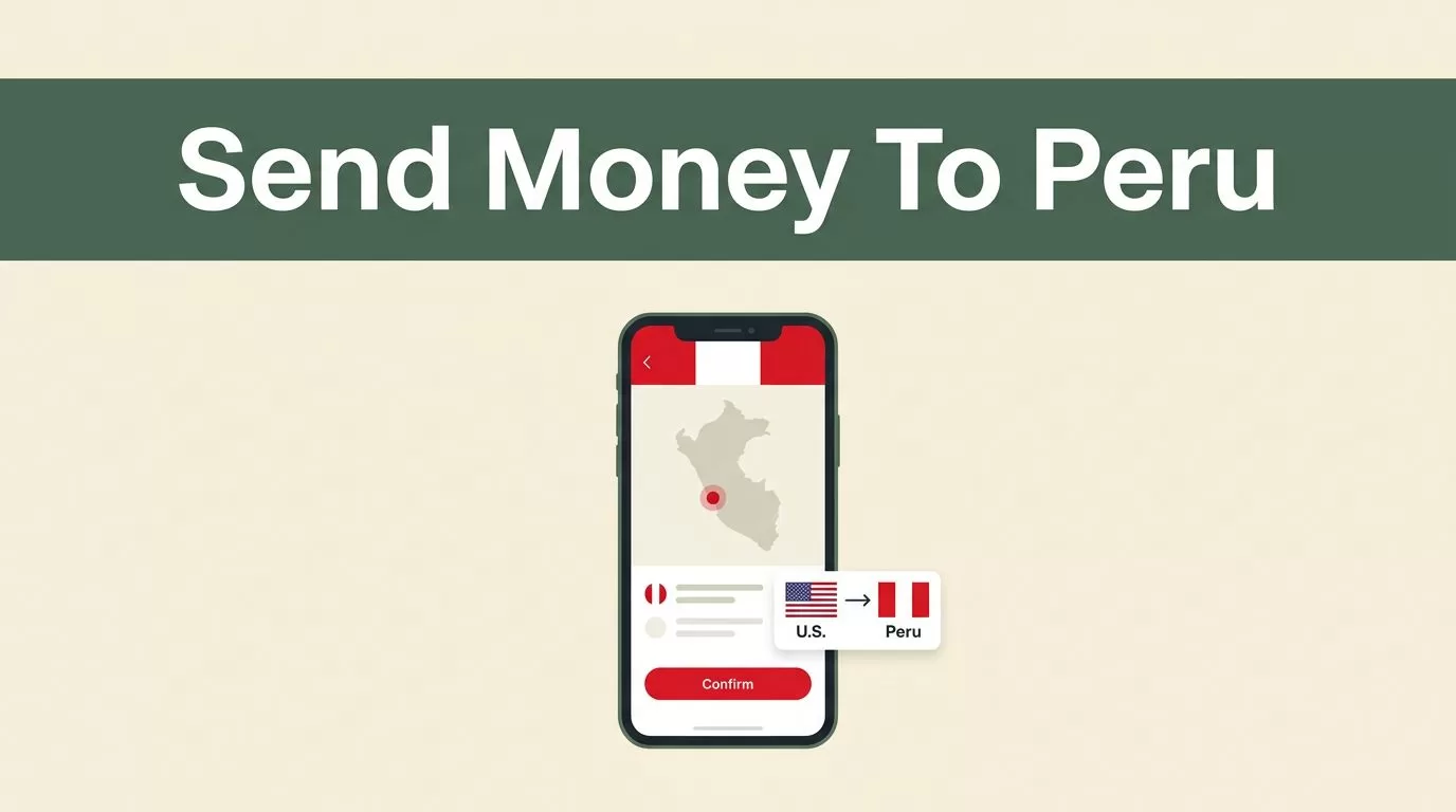 A smartphone showing a money transfer app interface on a cream and green background.