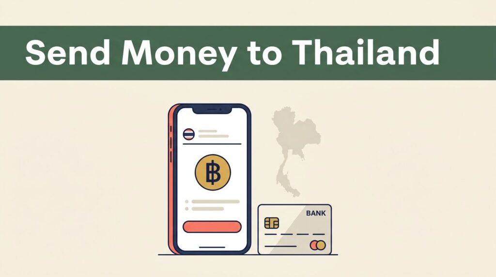 A smartphone showing a Thai baht money transfer app beside a map and bank card.