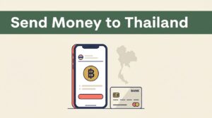A smartphone showing a Thai baht money transfer app beside a map and bank card.
