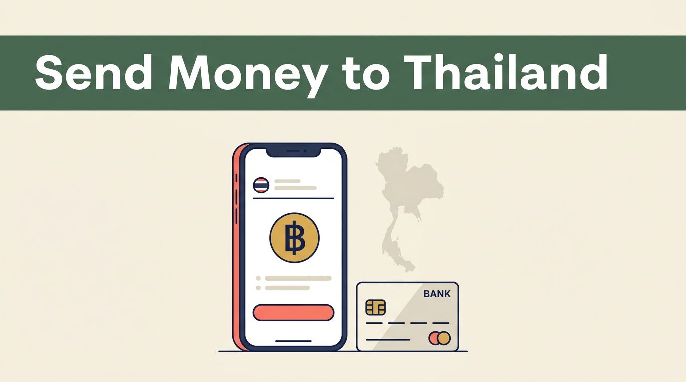 A smartphone showing a Thai baht money transfer app beside a map and bank card.