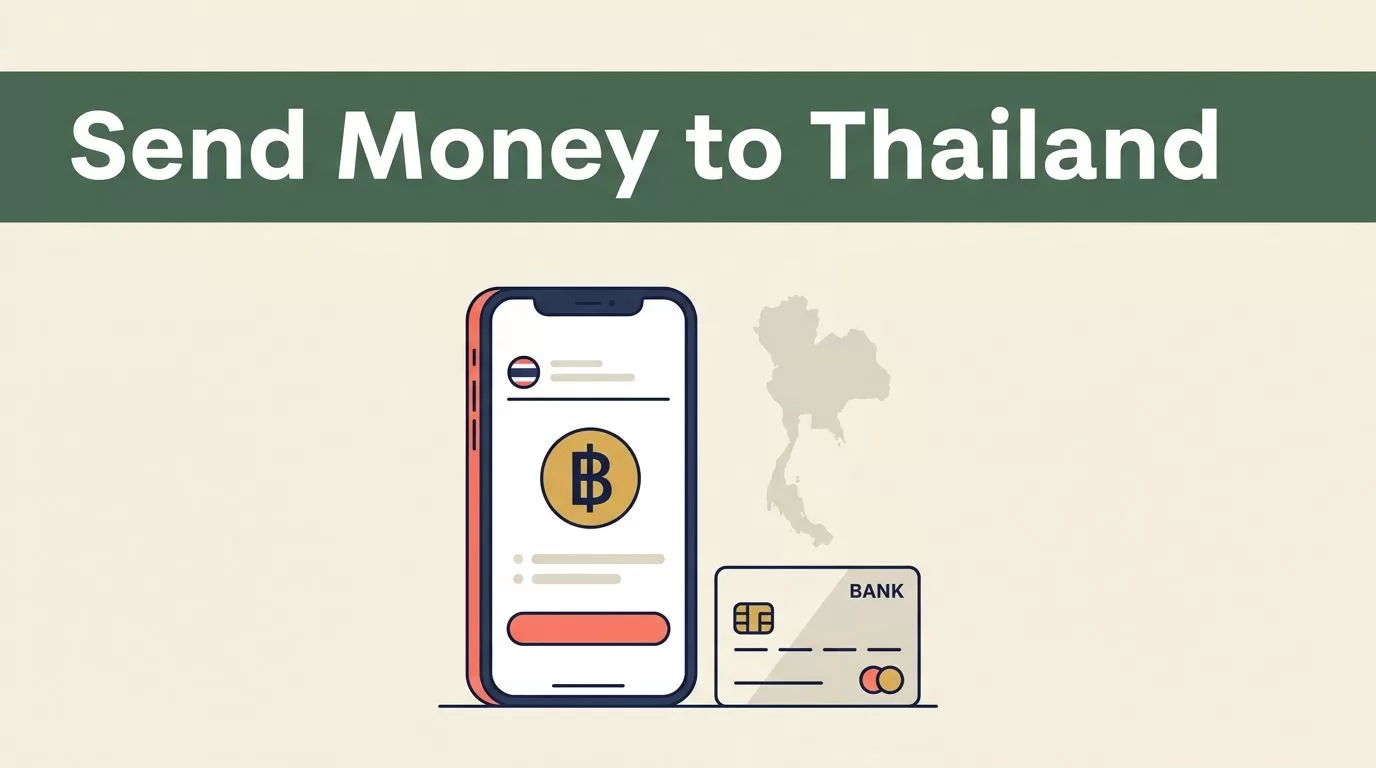 A smartphone showing a Thai baht money transfer app beside a map and bank card.