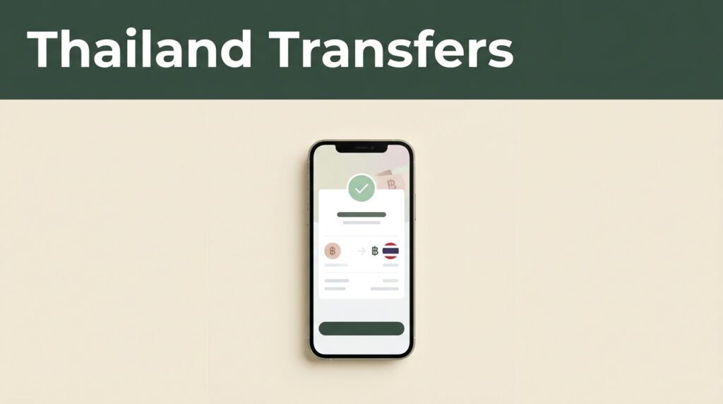 A smartphone showing an international transfer confirmation against a cream and green background.