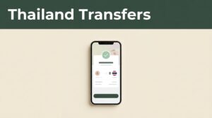 A smartphone showing an international transfer confirmation against a cream and green background.