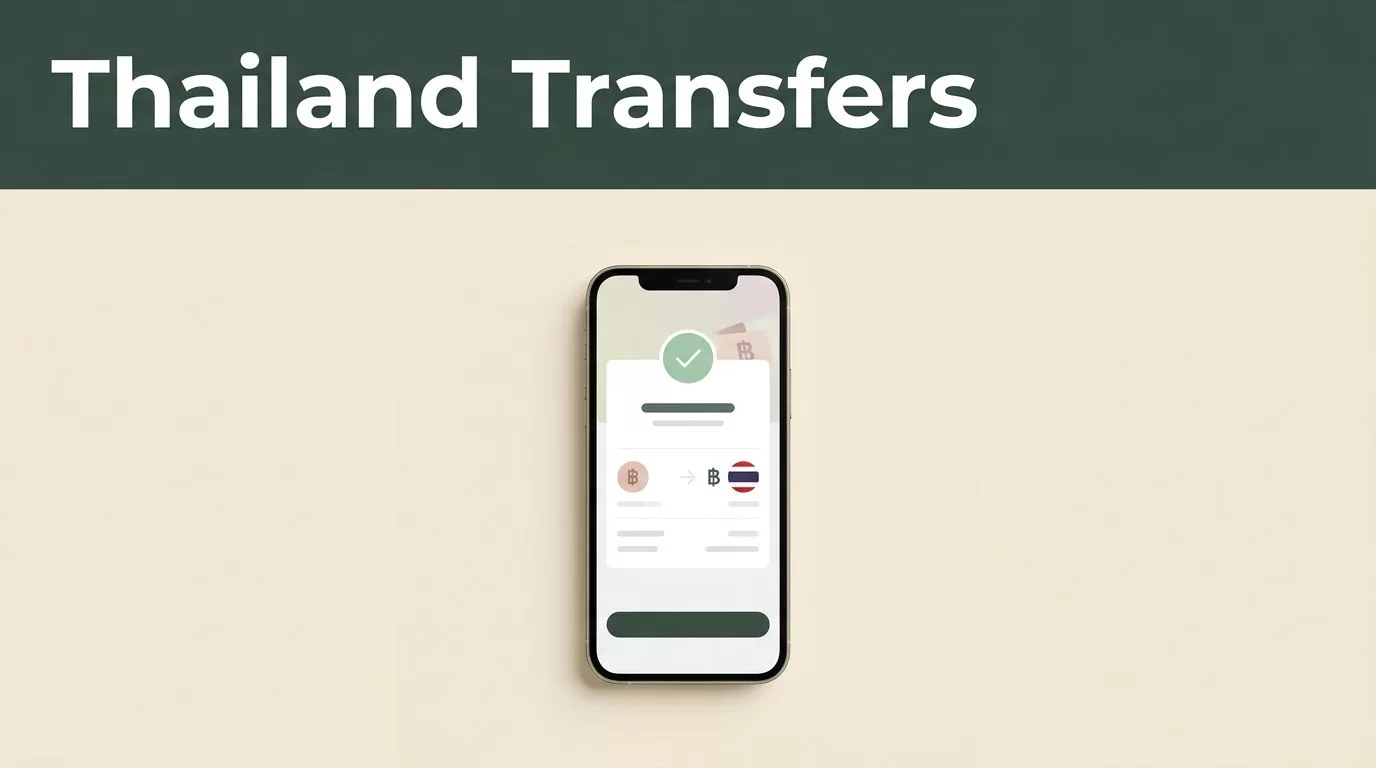A smartphone showing an international transfer confirmation against a cream and green background.
