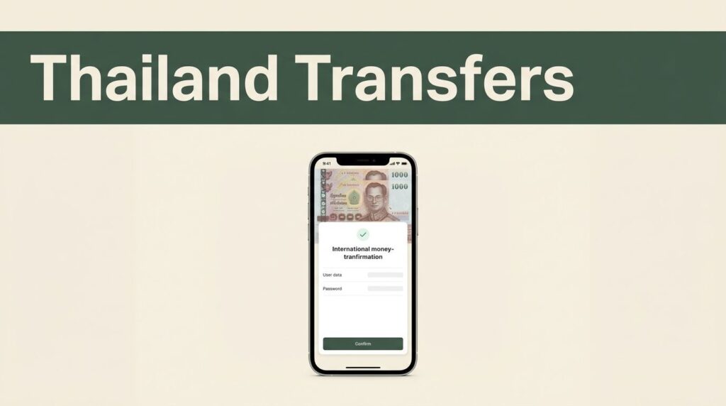 A smartphone on a cream surface shows a money transfer confirmation screen for Thailand.