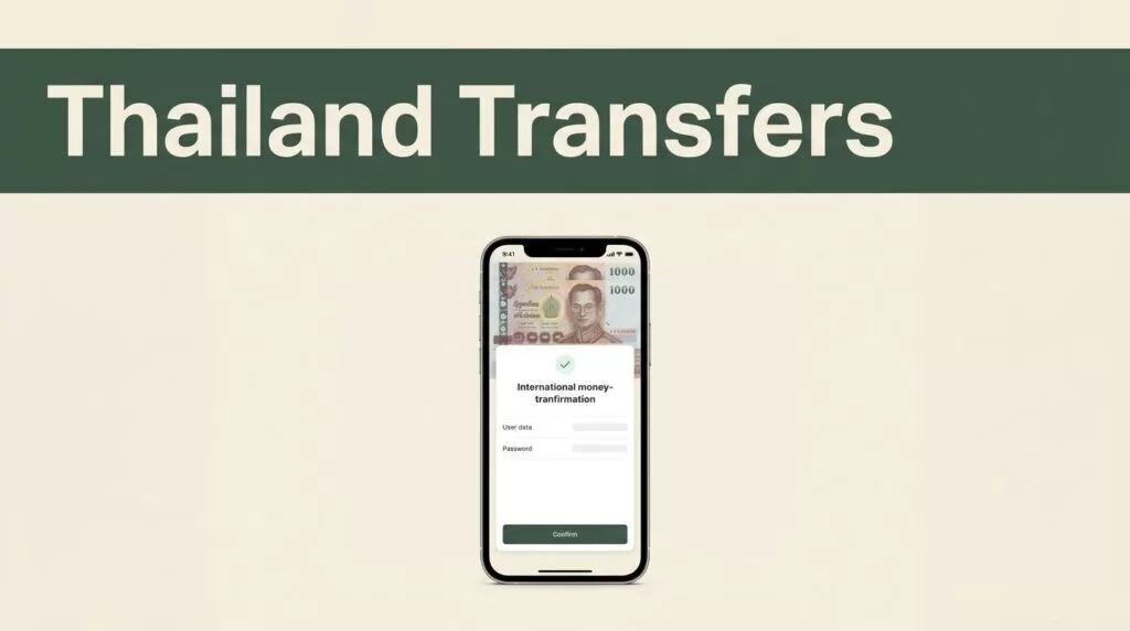 A smartphone on a cream surface shows a money transfer confirmation screen for Thailand.
