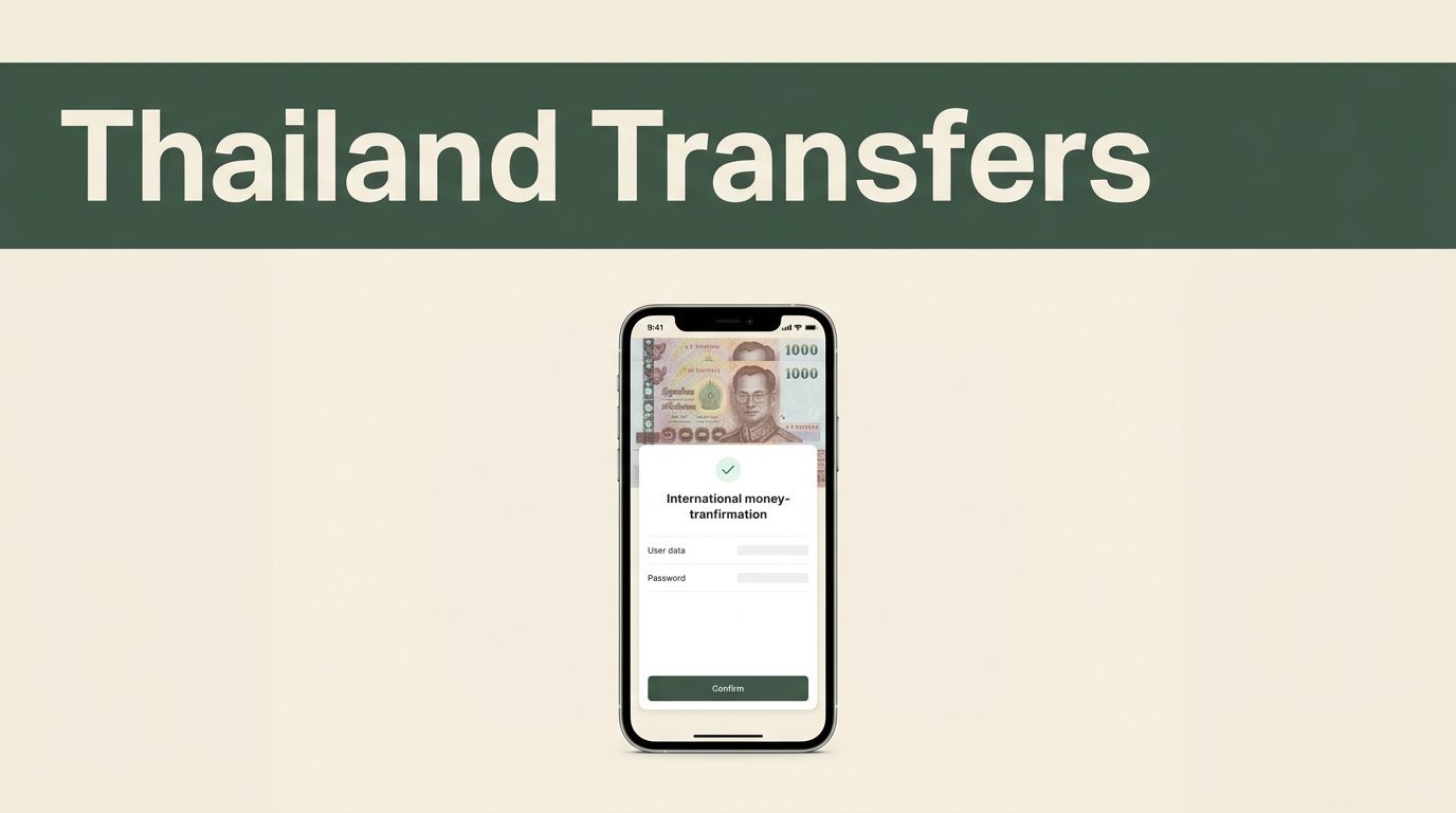 A smartphone on a cream surface shows a money transfer confirmation screen for Thailand.