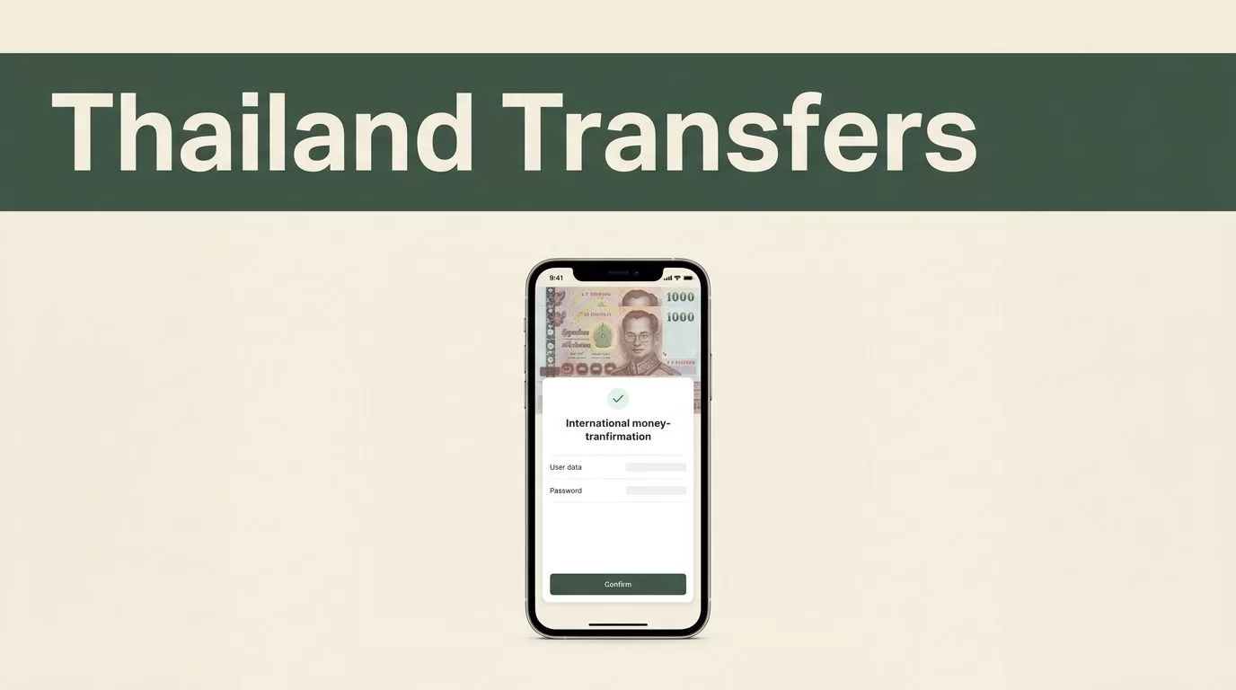A smartphone on a cream surface shows a money transfer confirmation screen for Thailand.