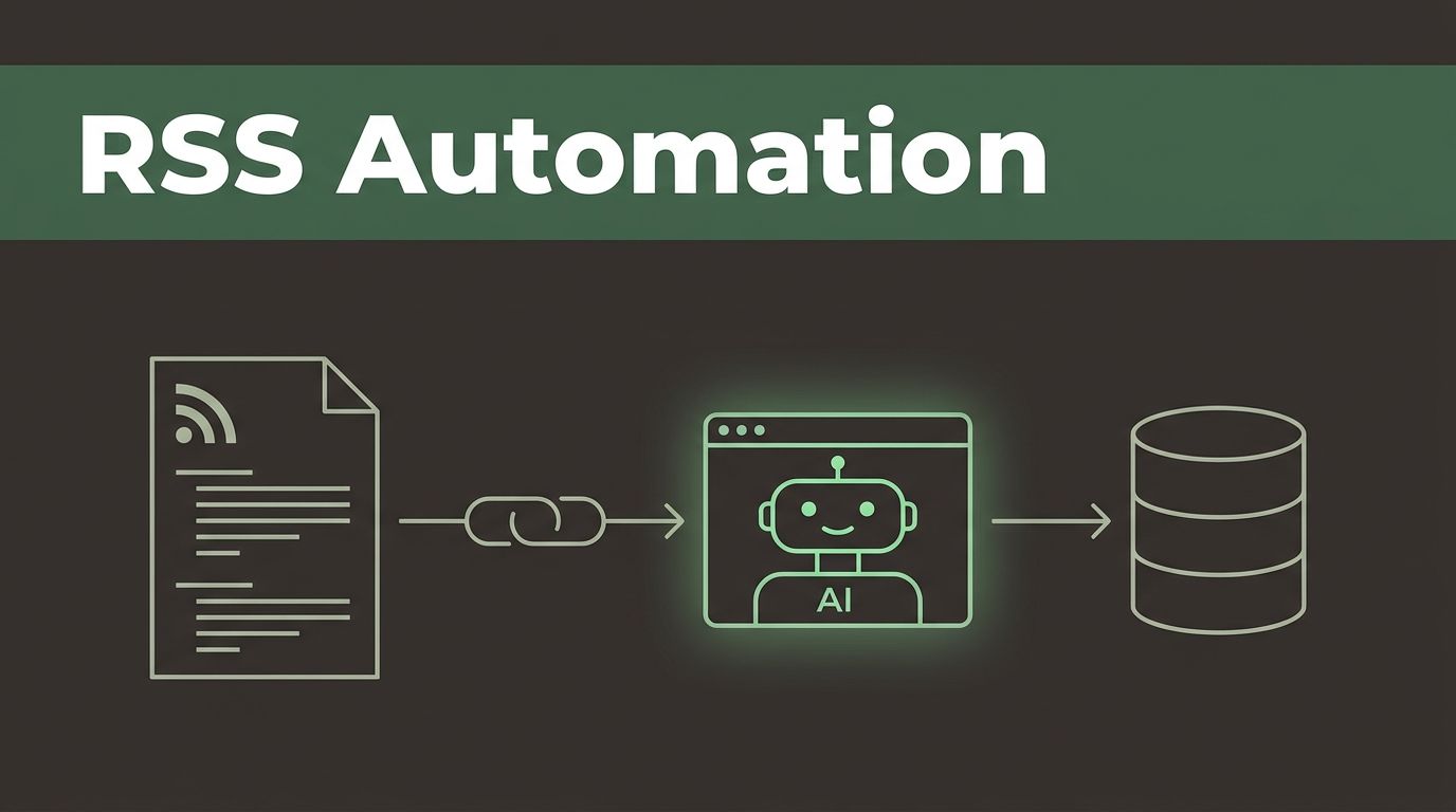 RSS Automation headline above a feed document, glowing interface, and connected database.