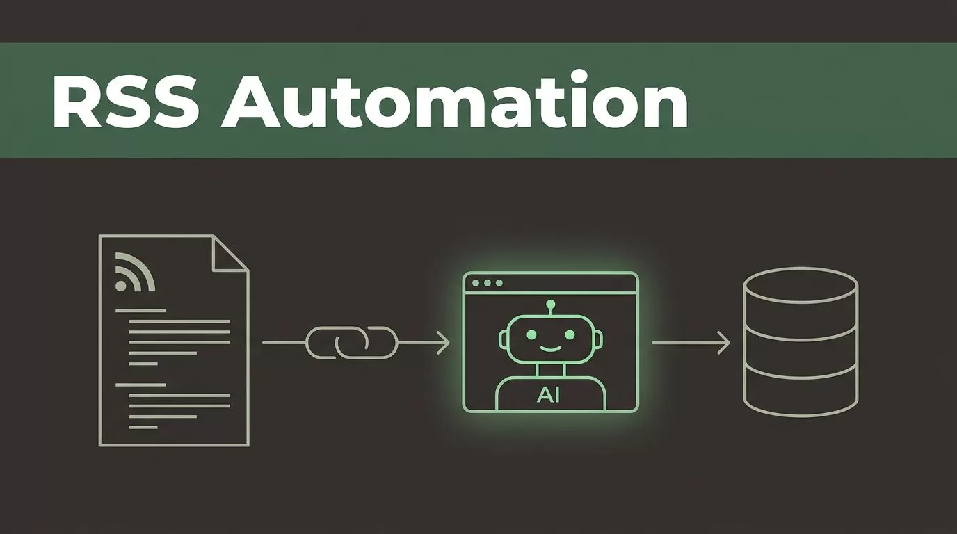 RSS Automation headline above a feed document, glowing interface, and connected database.