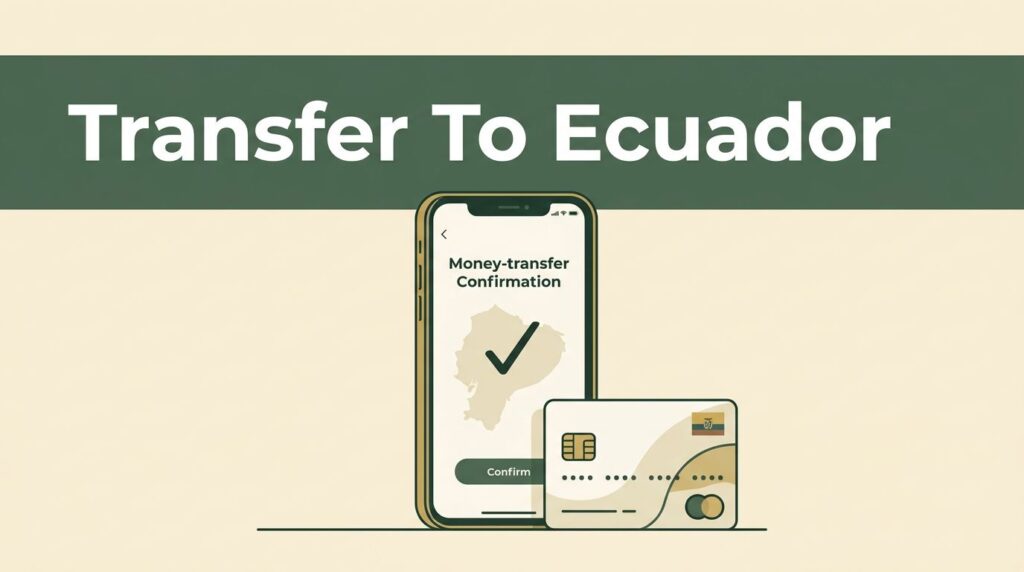 A smartphone showing a secure transfer confirmation screen next to a bank card on a cream surface.