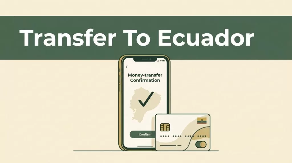 A smartphone showing a secure transfer confirmation screen next to a bank card on a cream surface.