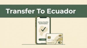 A smartphone showing a secure transfer confirmation screen next to a bank card on a cream surface.