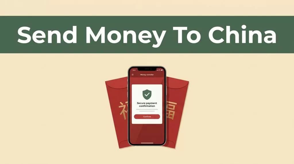A smartphone showing a secure payment confirmation next to a red envelope on a cream background.