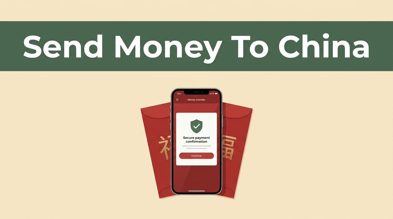 A smartphone showing a secure payment confirmation next to a red envelope on a cream background.
