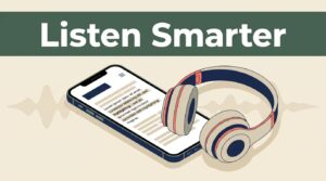 A smartphone displaying text and wireless headphones on a cream background.