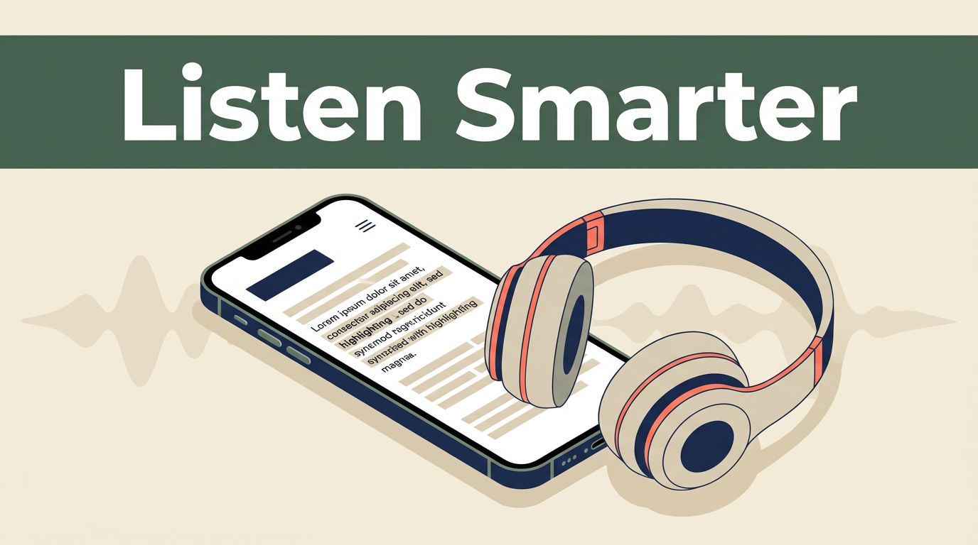 A smartphone displaying text and wireless headphones on a cream background.