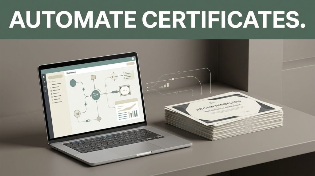 A modern workspace with a laptop showing a workflow dashboard next to stacked personalized certificates.