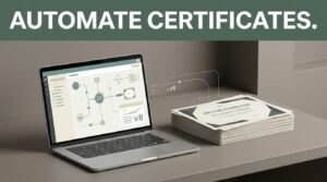 A modern workspace with a laptop showing a workflow dashboard next to stacked personalized certificates.