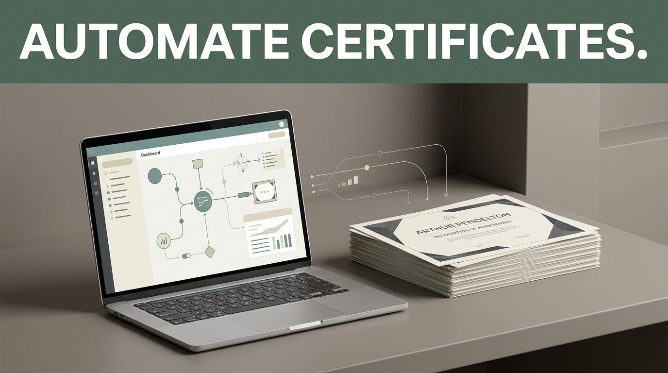 A modern workspace with a laptop showing a workflow dashboard next to stacked personalized certificates.