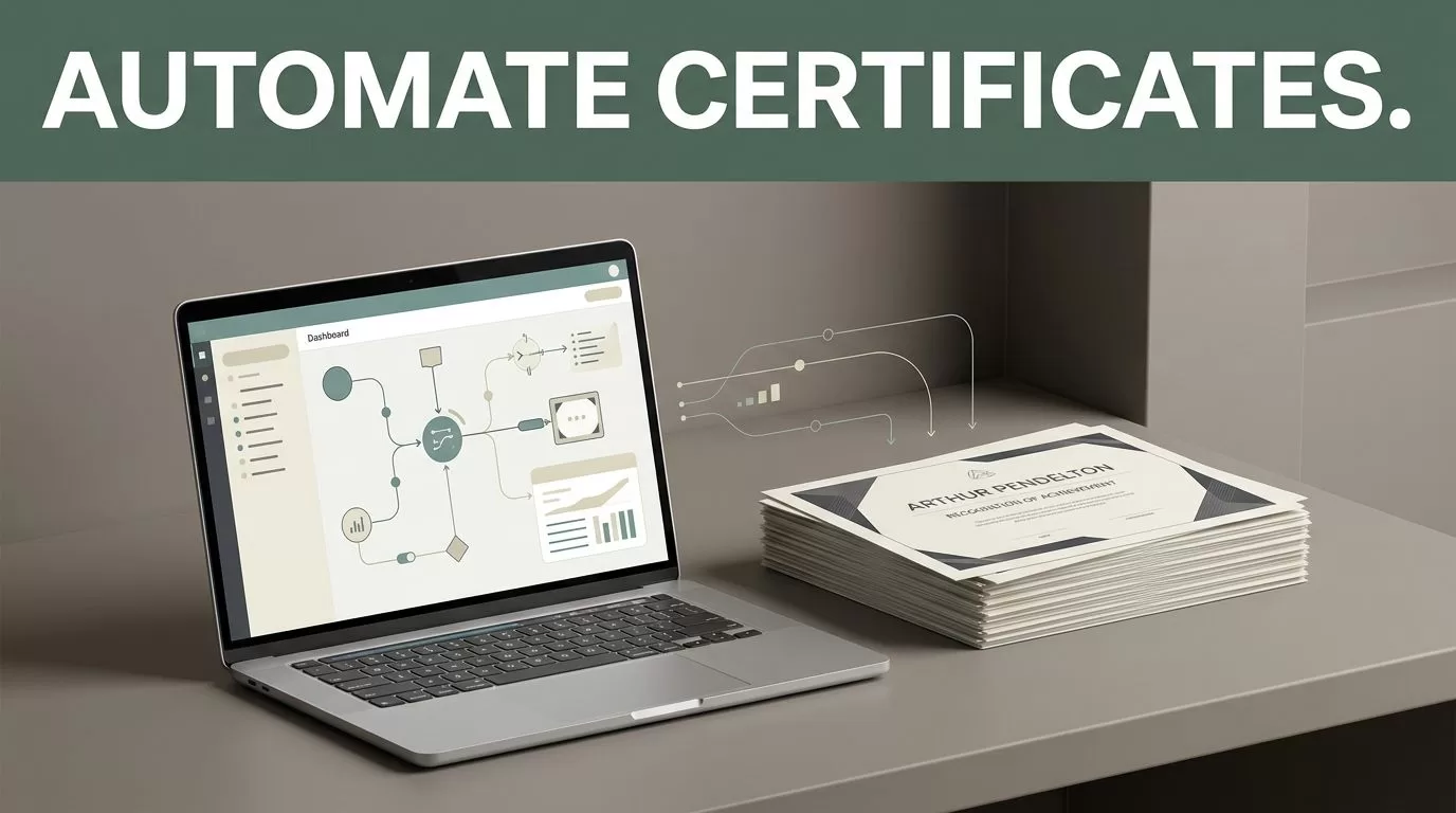 A modern workspace with a laptop showing a workflow dashboard next to stacked personalized certificates.