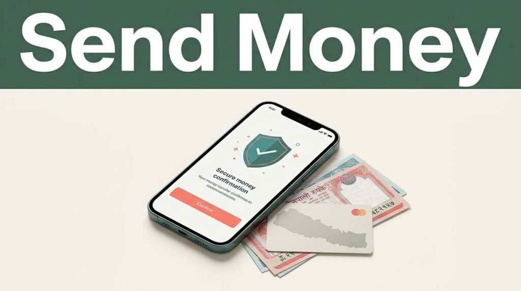 A smartphone displaying a secure money transfer beside Nepalese currency on a white desk.