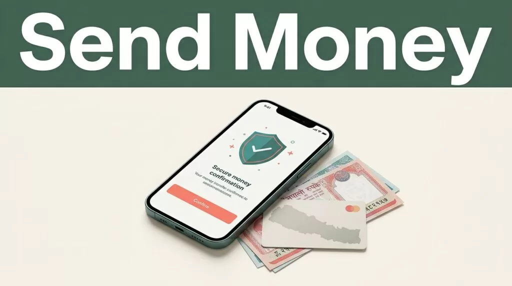 A smartphone displaying a secure money transfer beside Nepalese currency on a white desk.