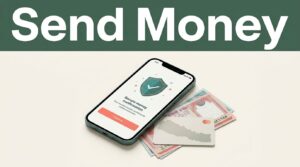 A smartphone displaying a secure money transfer beside Nepalese currency on a white desk.