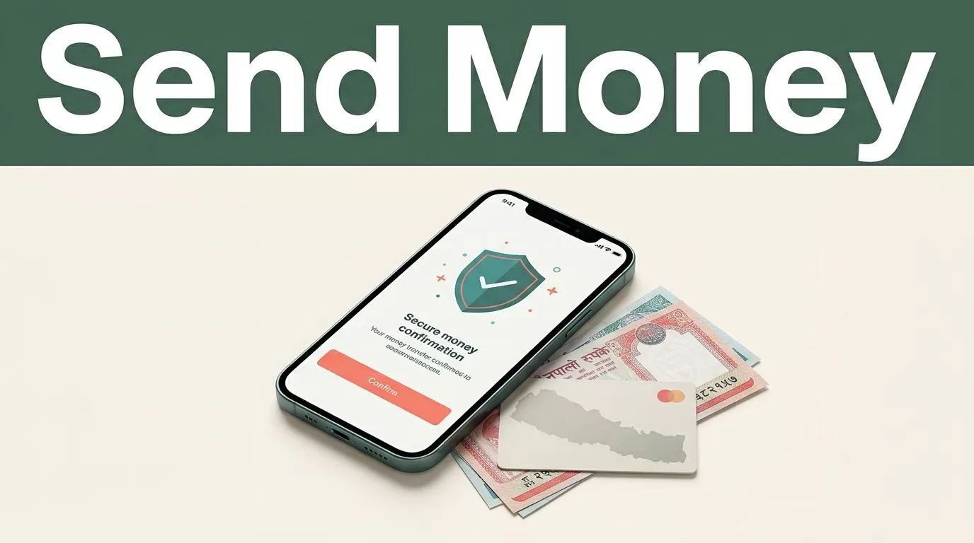 A smartphone displaying a secure money transfer beside Nepalese currency on a white desk.
