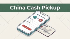 Smartphone showing money transfer details beside a yuan bank card and China map.