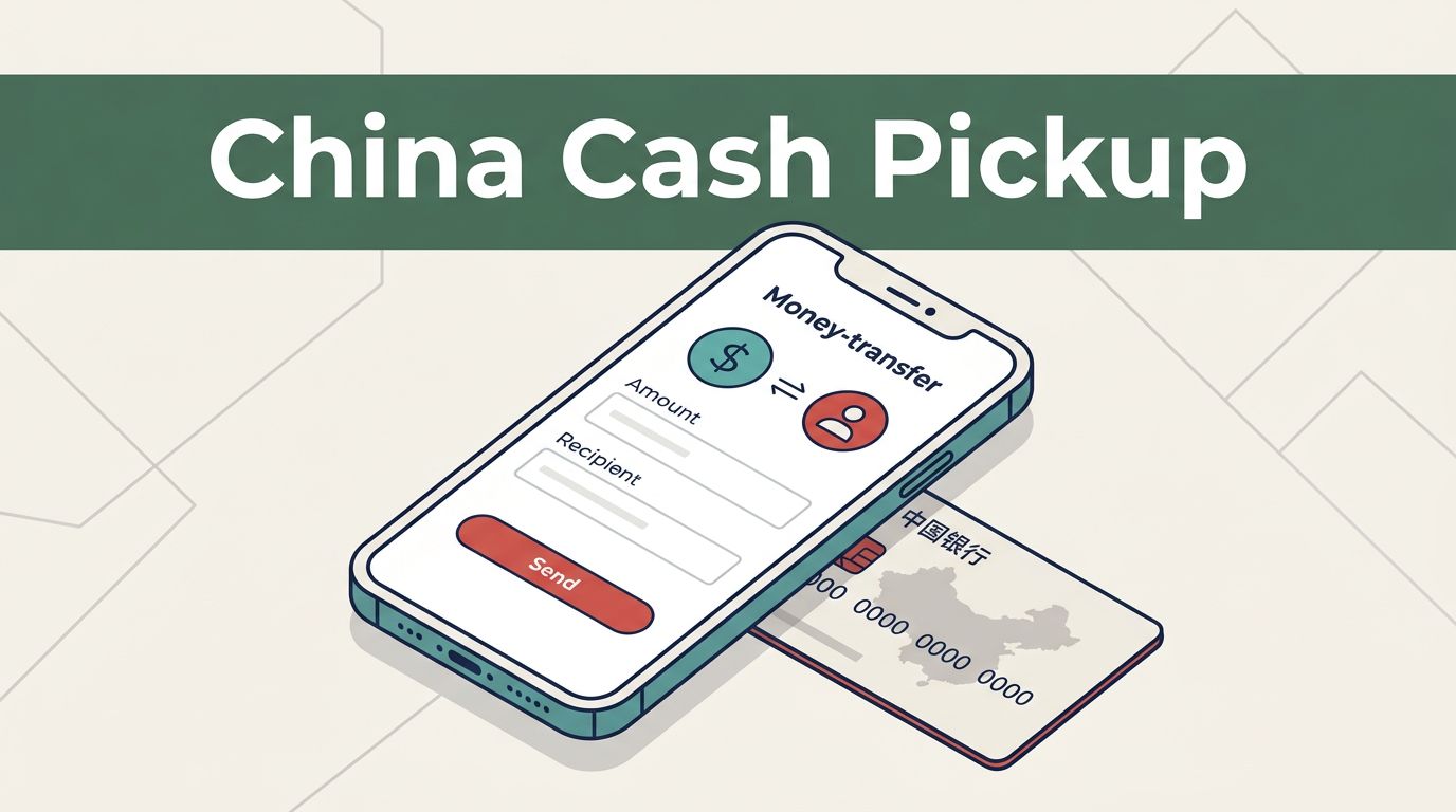 Smartphone showing money transfer details beside a yuan bank card and China map.