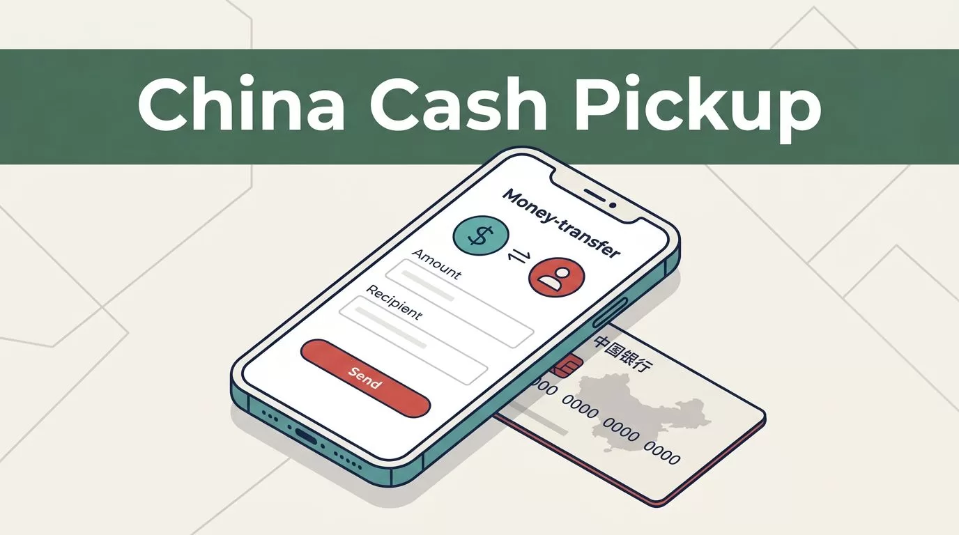 Smartphone showing money transfer details beside a yuan bank card and China map.
