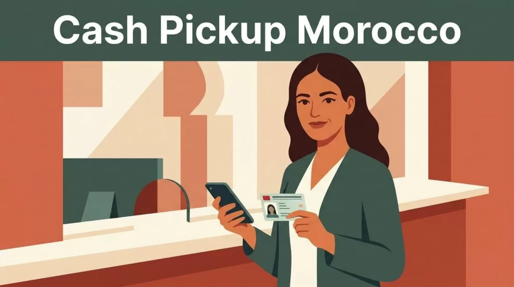 A smiling Moroccan woman at a cash pickup counter holding her phone and ID.