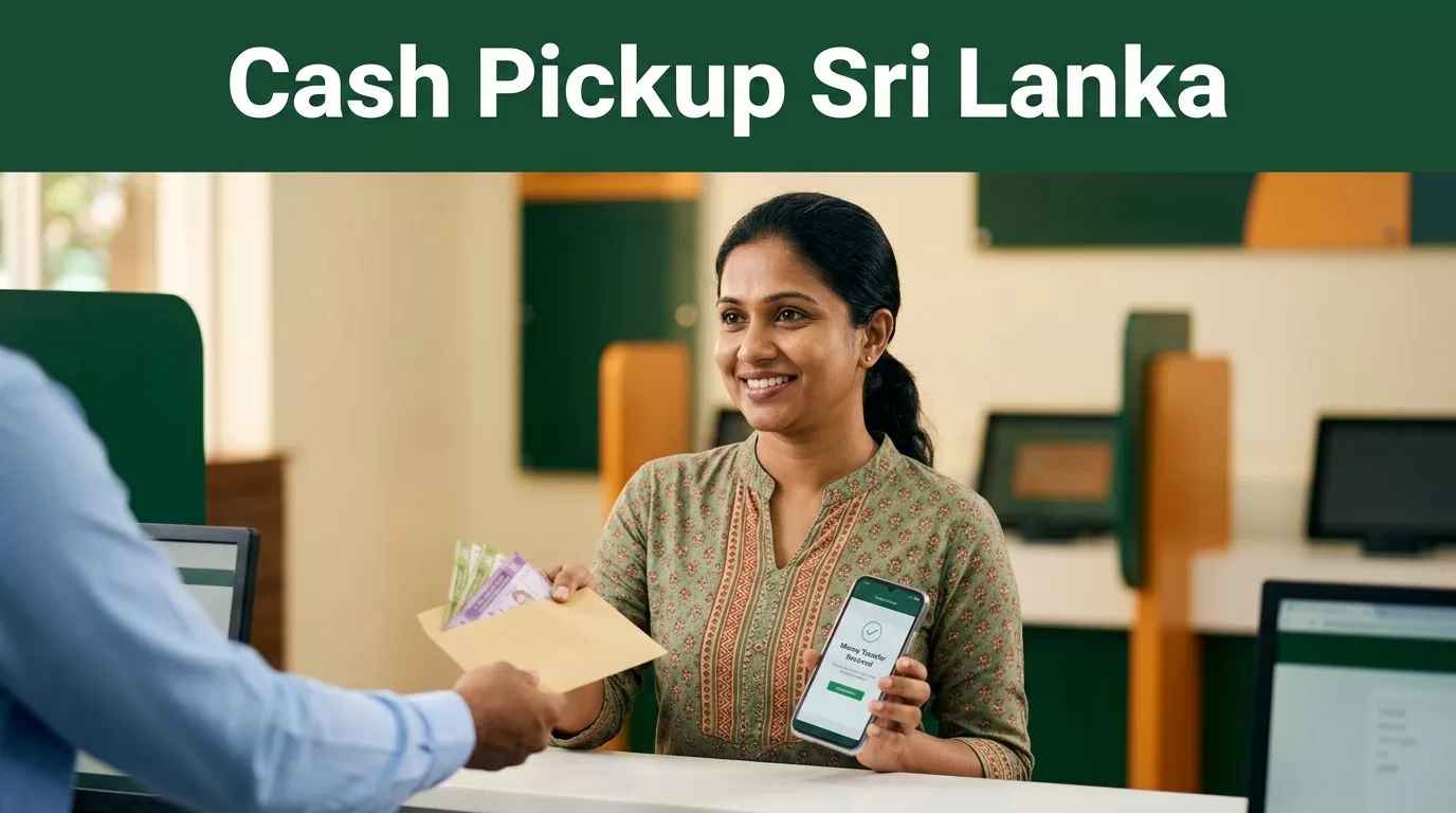 A woman collects Sri Lankan rupee notes while holding a phone at a transfer counter.